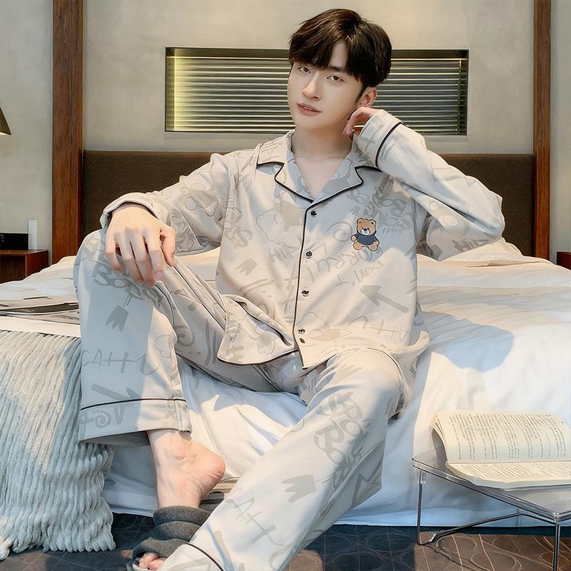 Men's Casual Long Sleeve Cardigan Pajama Set - Spring/Autumn, Plus Size, Youth to Middle-Aged