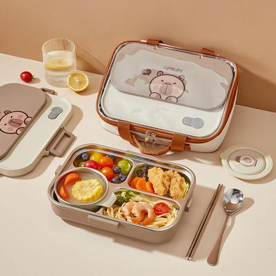 WORTHBUY Cutie de prânz drăguță Capybara din oțel inoxidabil 304 cu tacâmuri Portabilă Capacitate mare Compartimentată Cutie bento Sigură pentru microunde