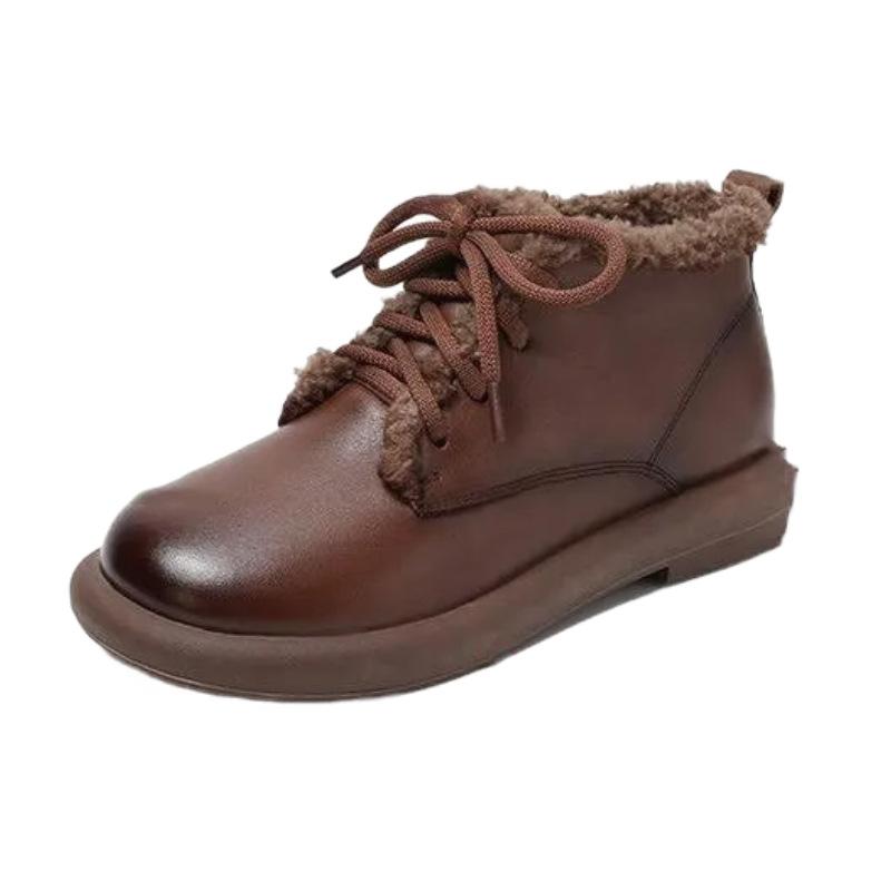 Soft leather mother shoes thickened velvet snow boots women's shoes 2025 new autumn and winter short boots fluffy Martin boots cotton shoes