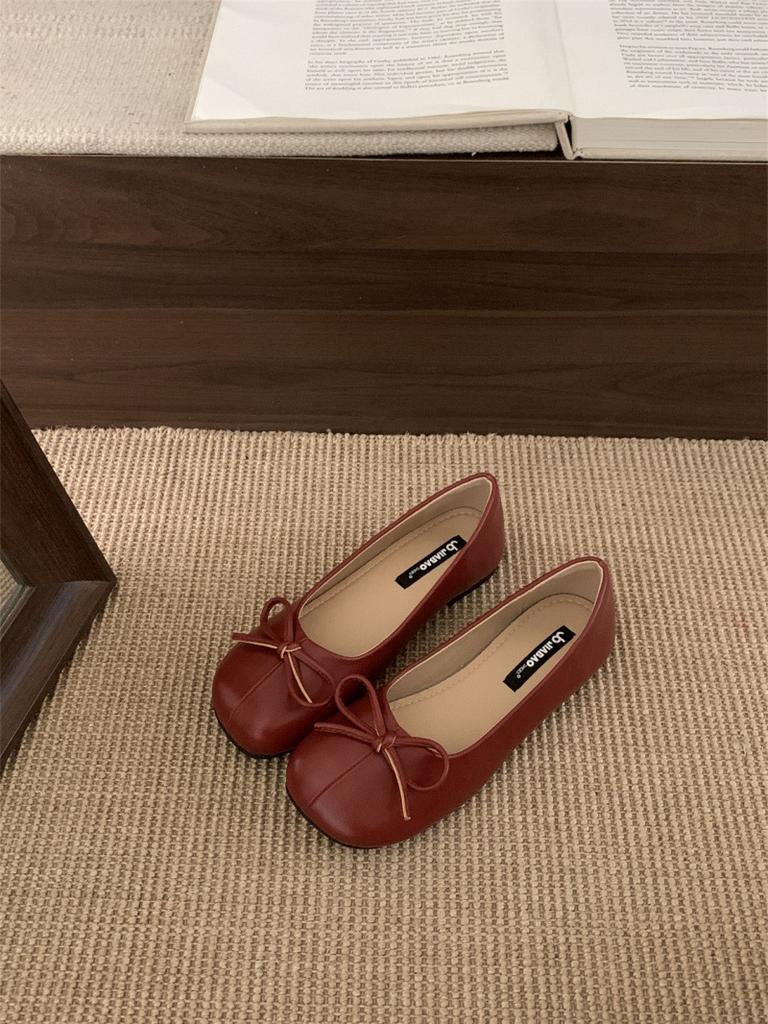 Retro soft-soled ladyshoes bow shallow mouth square head flat-soled single shoes women's shoes 2025 spring new ballet shoes