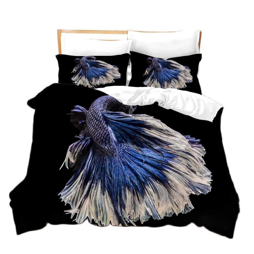 3D Printed Cartoon Fish Photo Chinoiserie Bedding Set Down Quilt Cover With Pillowcase Double Complete  King