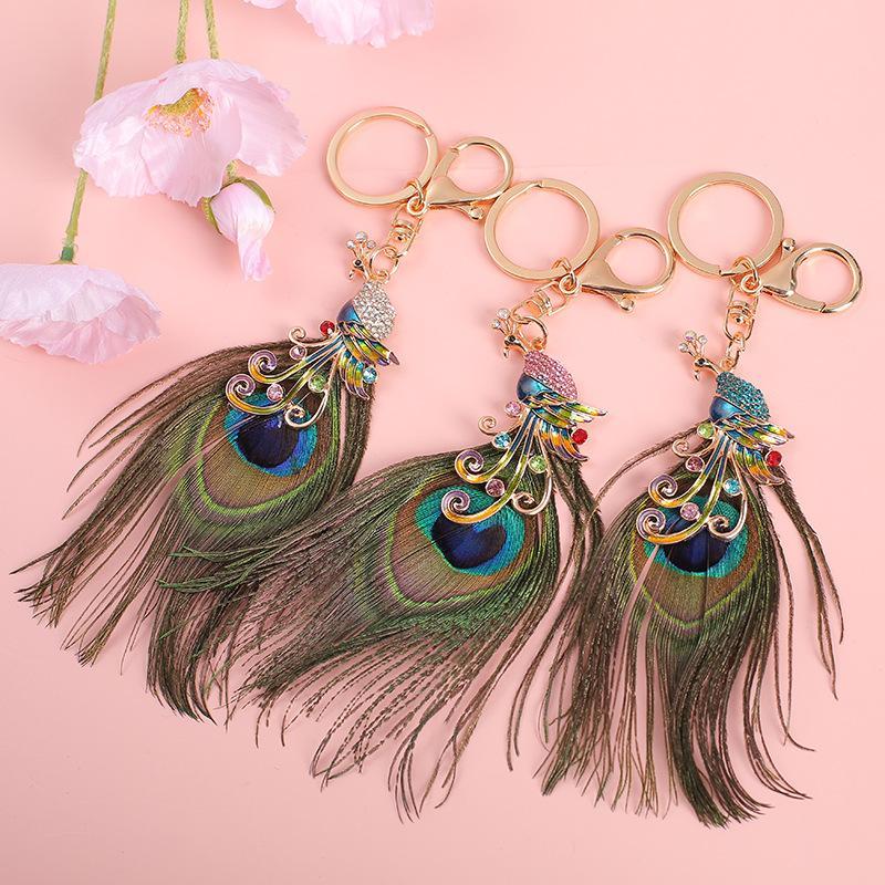 Porte-clés Plume de Paon Strass Brillant Fermoir Anti-rouille Pendentif Mode pour Sac Décoration de Clé de Voiture Portable pour Filles
