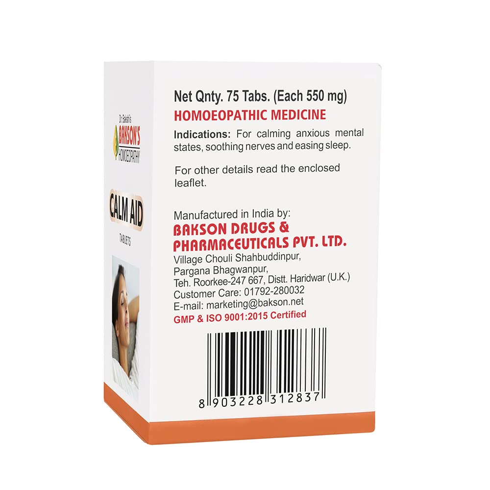 Bakson's Homoeopathy Calm Aid Tablet 75 Tabs for Focus Energy and Relaxation  Pack