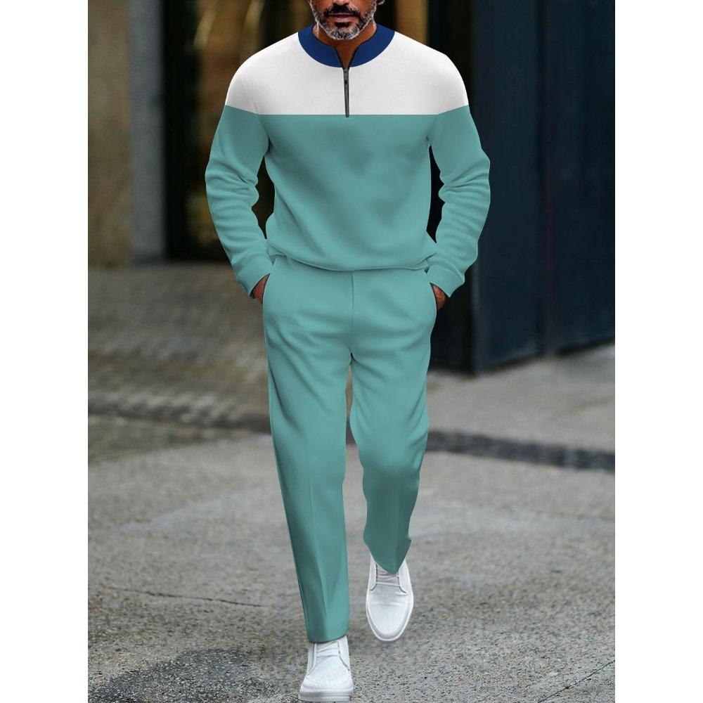 Spring Autumn 3D Printed Fashion Streetwear Men's Long-Sleeved Sets Half-Zipper Stand-Up Collar Men's Casual Sportswear Two-Piece set