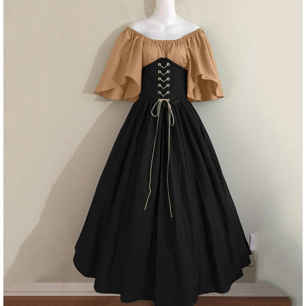 Women's Off‑Shoulder Half Sleeve Maxi Dress Loose Fit High Waist Vintage Renaissance Medieval Gown