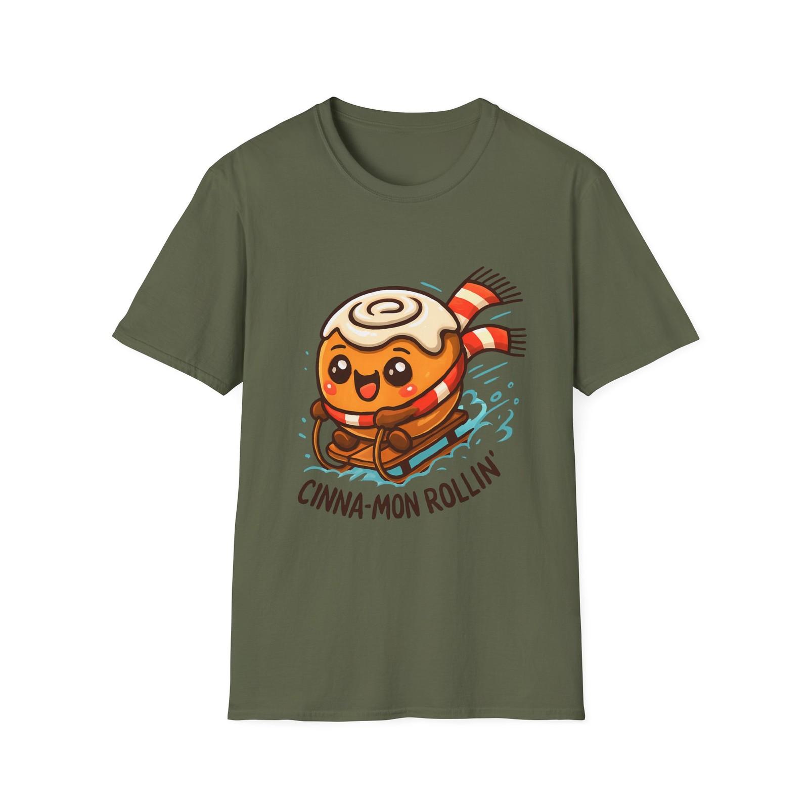Unisex Softstyle T-Shirt Mens Womens Tees Top Cute Chibi Cinnamon Roll Sled Funny Holiday Christmas L