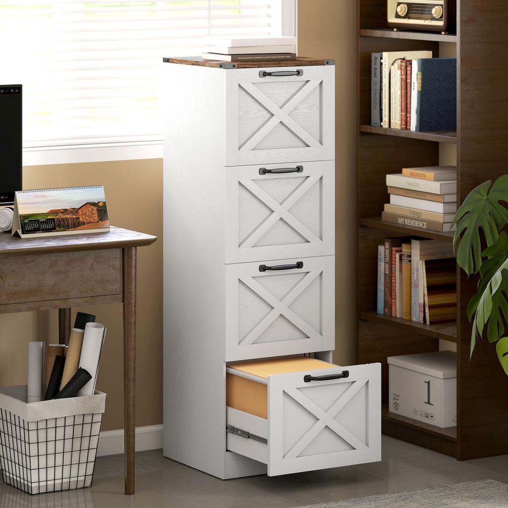 Office Filing Cabinet, 4 Drawers, Hanging File Holders for A4, Rustic, 40 x 40 x 131 cm, White