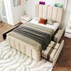 Upholstered Bed Single Bed, Headboard with Golden Stripes and USB Type-C Charging Function 90*200 cm, Beige Linen with 4 Drawers (Without Mattress)