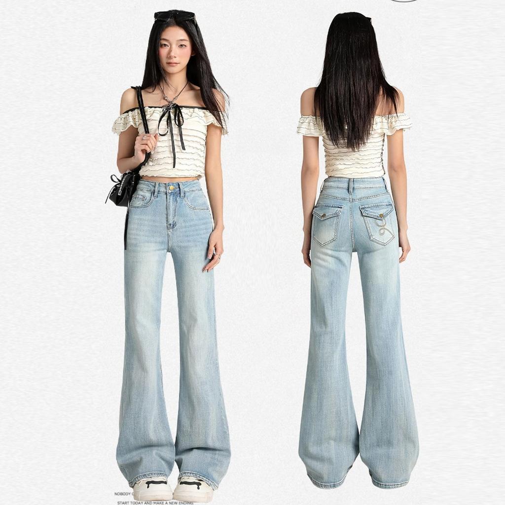 Spring Summer Vintage High Waist Non Cling Wide Leg Micro Flare Stretch Slim Elegant Denim Casual Pants Female Casual Pants Oversize Denim Trousers