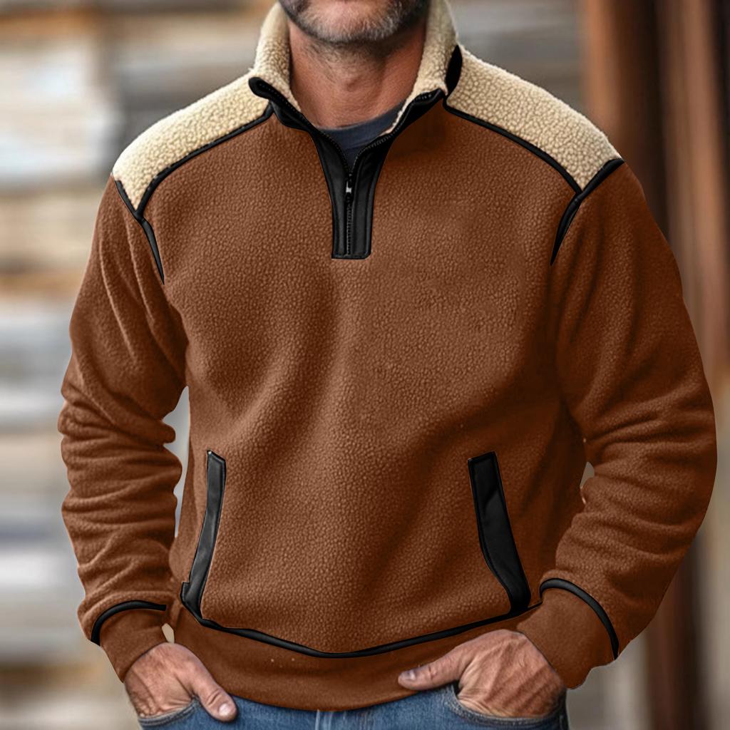 Men's Colorblock Lambskin Half Zip Stand Collar Sweatshirt Men's Sports Large Size Casual Stand Collar Sweatshirt