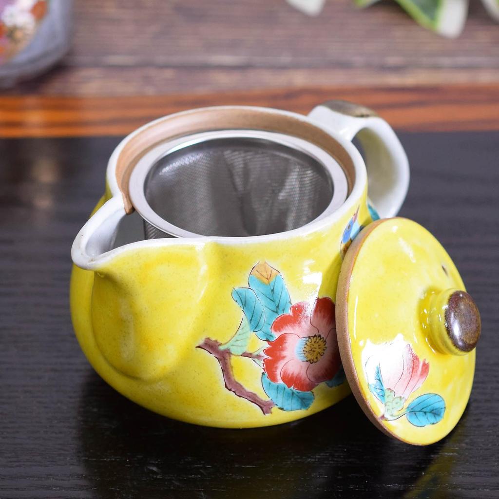 Teekanne, stilvolles Geschirr, Kutani Ware Pot, Yoshidaya, Kamelie und Vogel, Keramikmarke, japanisches Geschirr, hergestellt in Japan, kommt mit Teesiebnetz