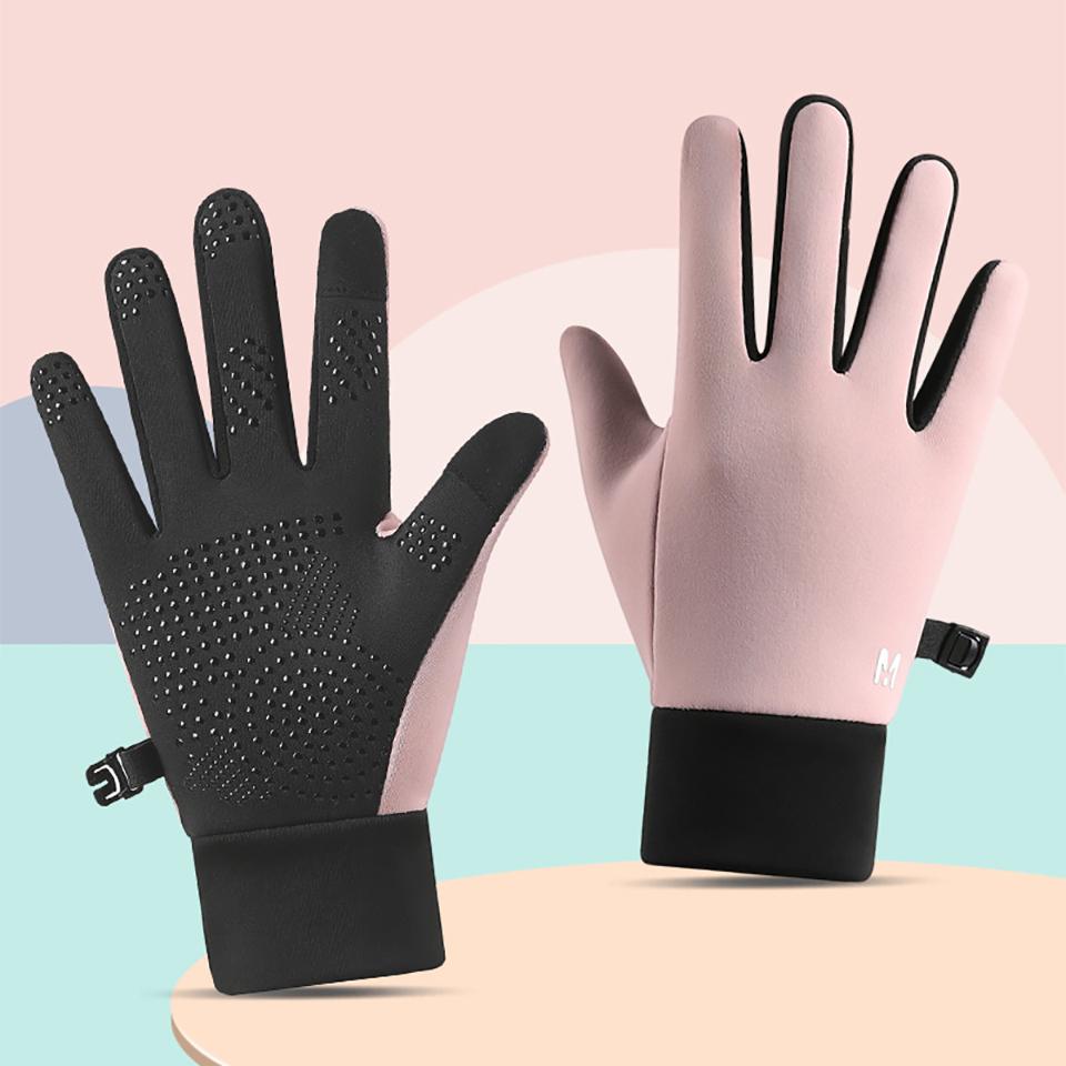 Gobygo 1Pair Children'S Gloves Silicone Anti-Slip Anti-Loss Buckle Fingertip Touch Screen Water-Resistant Fleece Warm Gloves