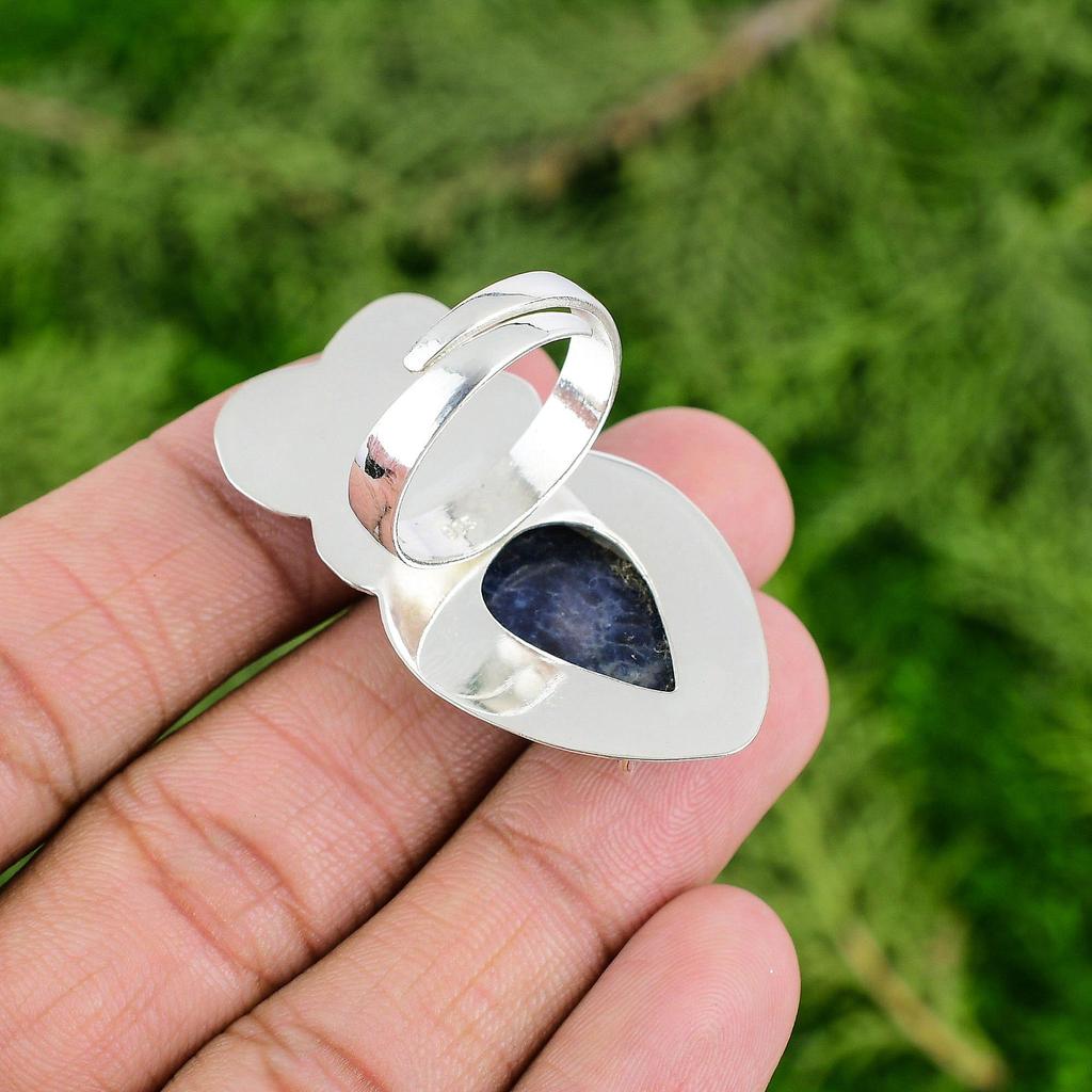 Gift For Her 925 Silver Natural Sodalite Statement Flower Adjustable Ring