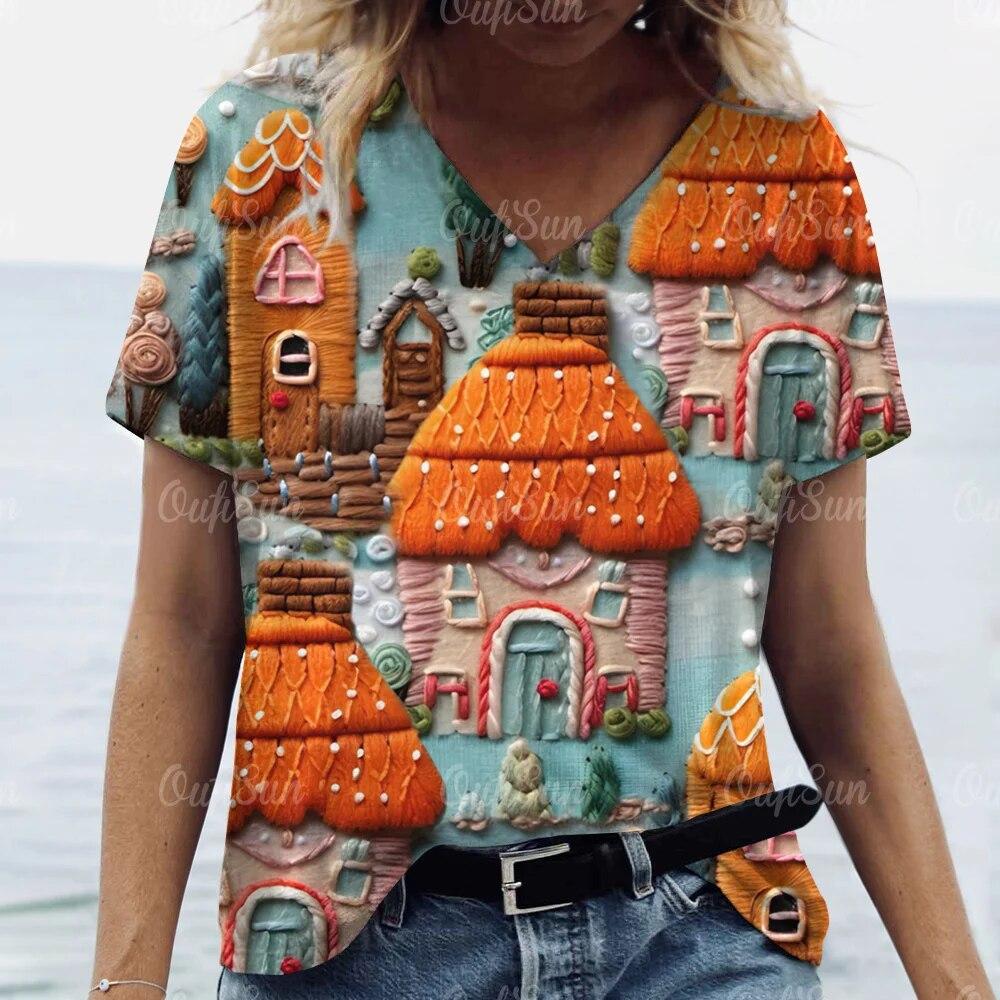 

Новая рождественская женская футболка с 3D принтом Санта-Клауса, футболки с короткими рукавами и v-образным вырезом, уличная одежда большого размера, женский пуловер в стиле Харадзюку, топы XL