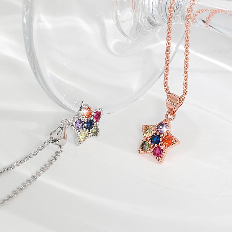 Star Colored Diamond Necklace with Ethnic Literature Style Colorful Polygonal Cat's Eye Stone Five Point Star Necklace