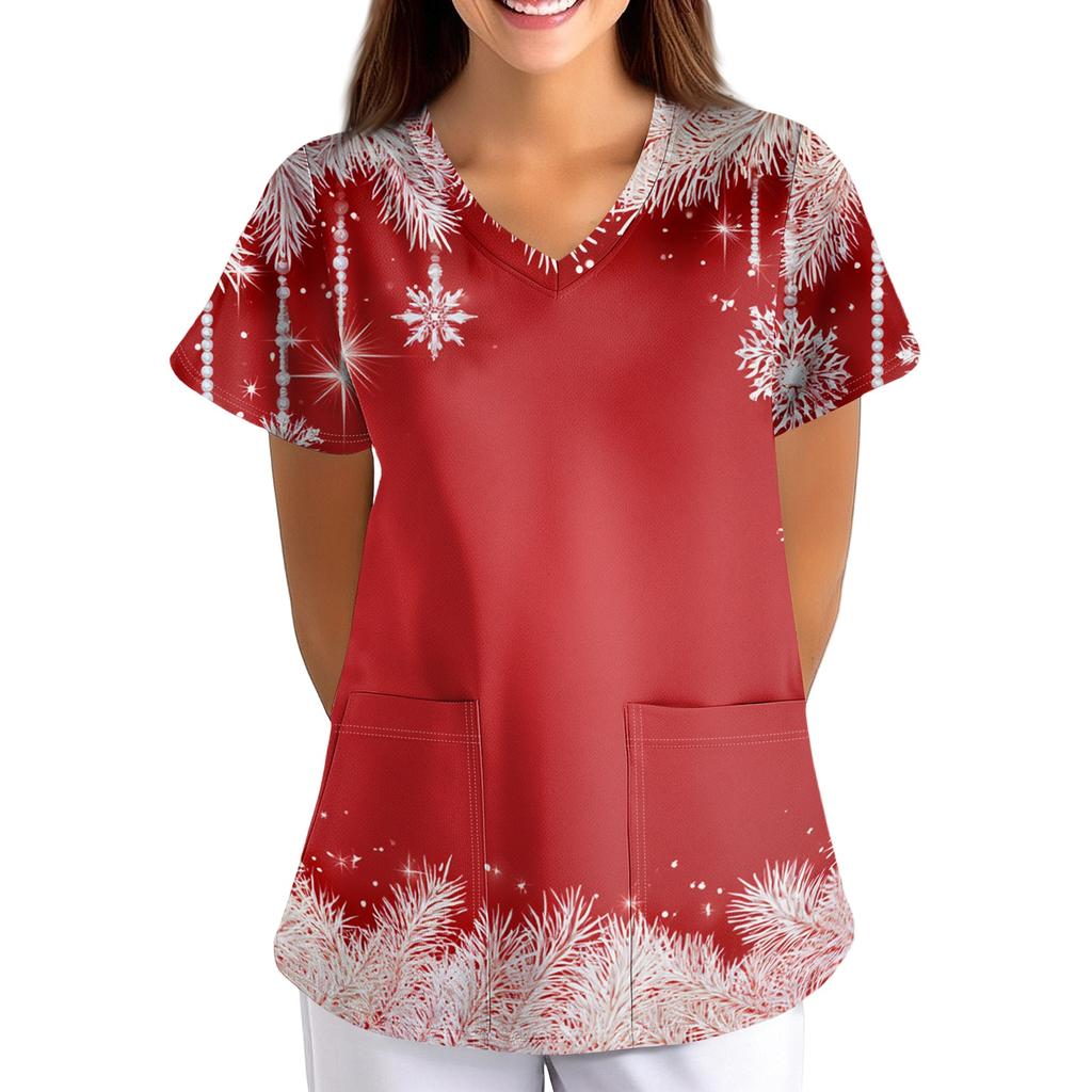 Women's Christmas Print Loose Fit V-Neck Short Sleeve Scrub Top with Pockets for Work