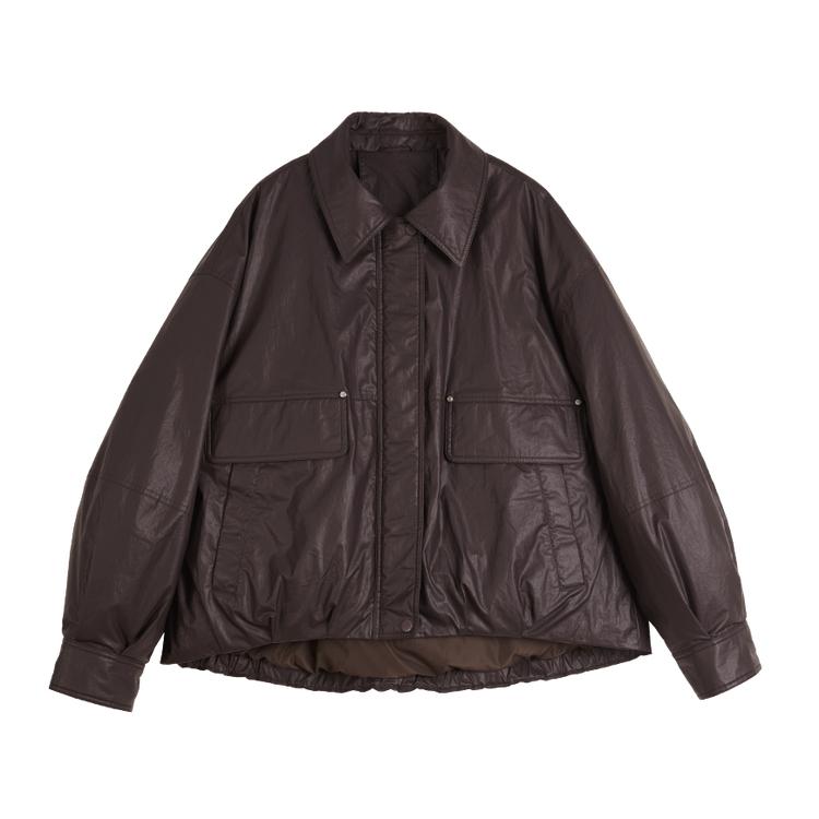 ELLE Design Francês Gola Lisa Cor Sólida Minimalista Básico Solto Confortável Jaqueta de Penas Feminina Roupa Exterior Marrom Escuro L7AYM005