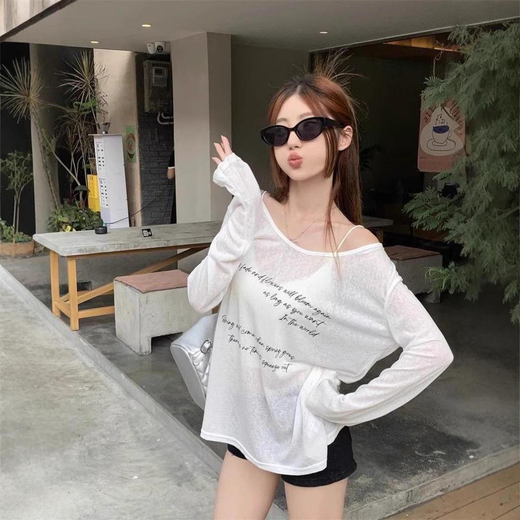 Damen Off-Shoulder Langarm T-Shirt mit Buchstabenaufdruck - Schlankmachend, Vielseitig, Sonnenschutz-Top
