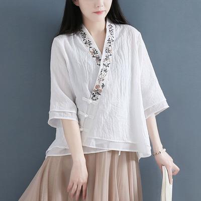Sommer-Hemd aus Baumwolle und Leinen im Retro-Hanfu-Stil für Damen im ethnischen Stil mit Nähten und gefälschten Dreiviertelärmeln, besticktem Plattenknopf-Oberteil