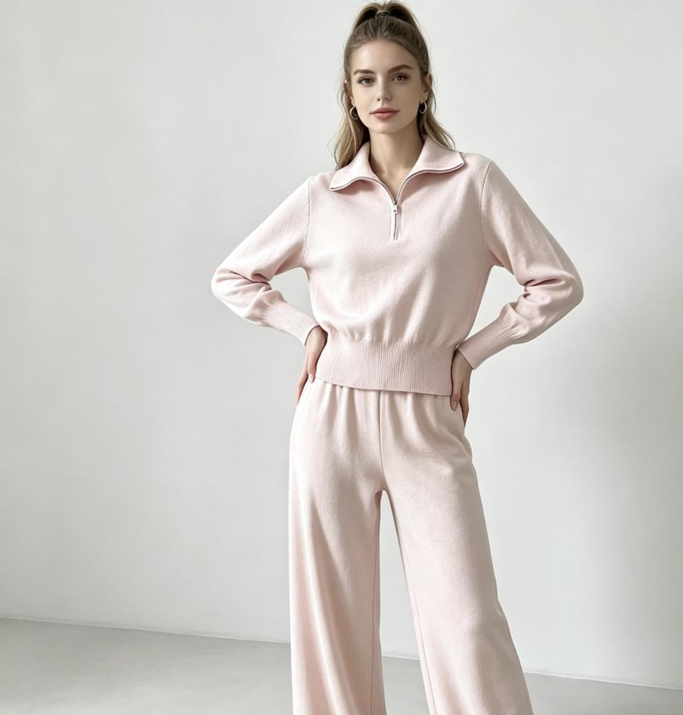European and American casual knit set: women's half-zip sweater + high-waisted wide-leg pants, weighty two-piece set