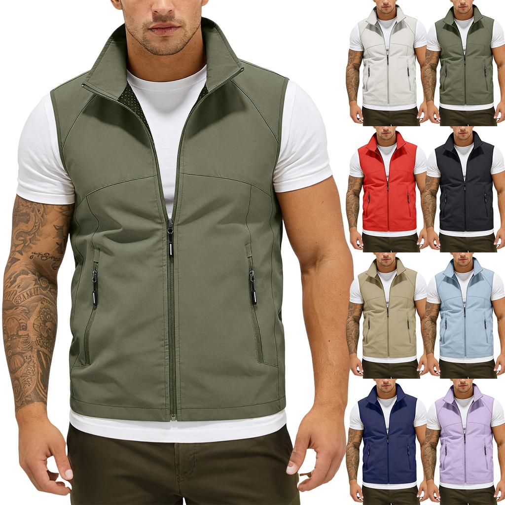 Herren Sommer Multifunktionale Tasche Angeln und Wandern Weste: Leichte ärmellose Jacke mit Stehkragen