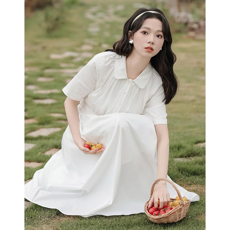 Summer Arts Academy Wind Doll Collar Solid Color Waist Dress Female First Love Small White Dress