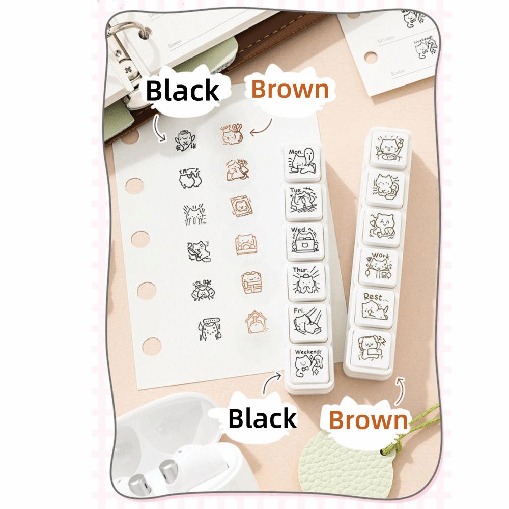 6Pcs Mini Pattern Cute Cat Stamp Black/Brown Simple Diary Kawaii Kitten Seal Six Seal Set Easy To Use Cartoon Pattern Stamps