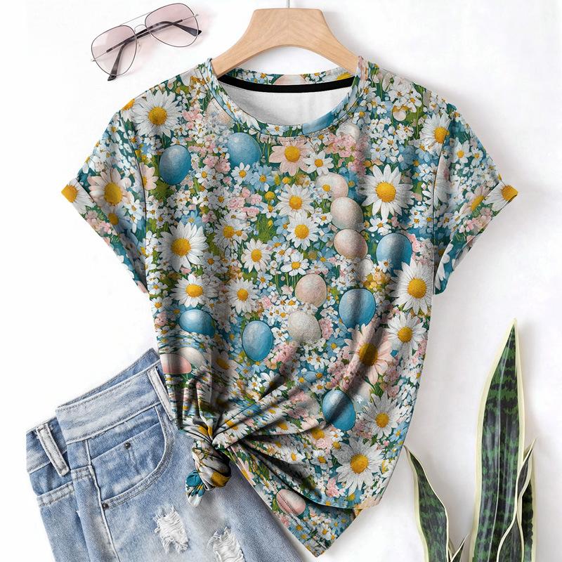 Damen Kaninchen T-Shirt Sommer Rundhals Kurzarm 3D Gedrucktes Elementmuster Lässiges Modehemd