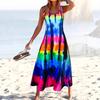 Women Summer Sleeveless U Collar Multicolor Printed Holiday Beach One Piece Dress