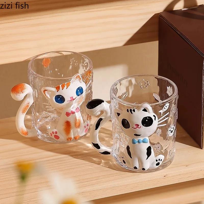 Relief handbemalte Glastasse Kreative süße Katze Kaffeetasse Latte Tasse Paar Tasse Frühstückstasse Haushaltswassertasse Teetassen