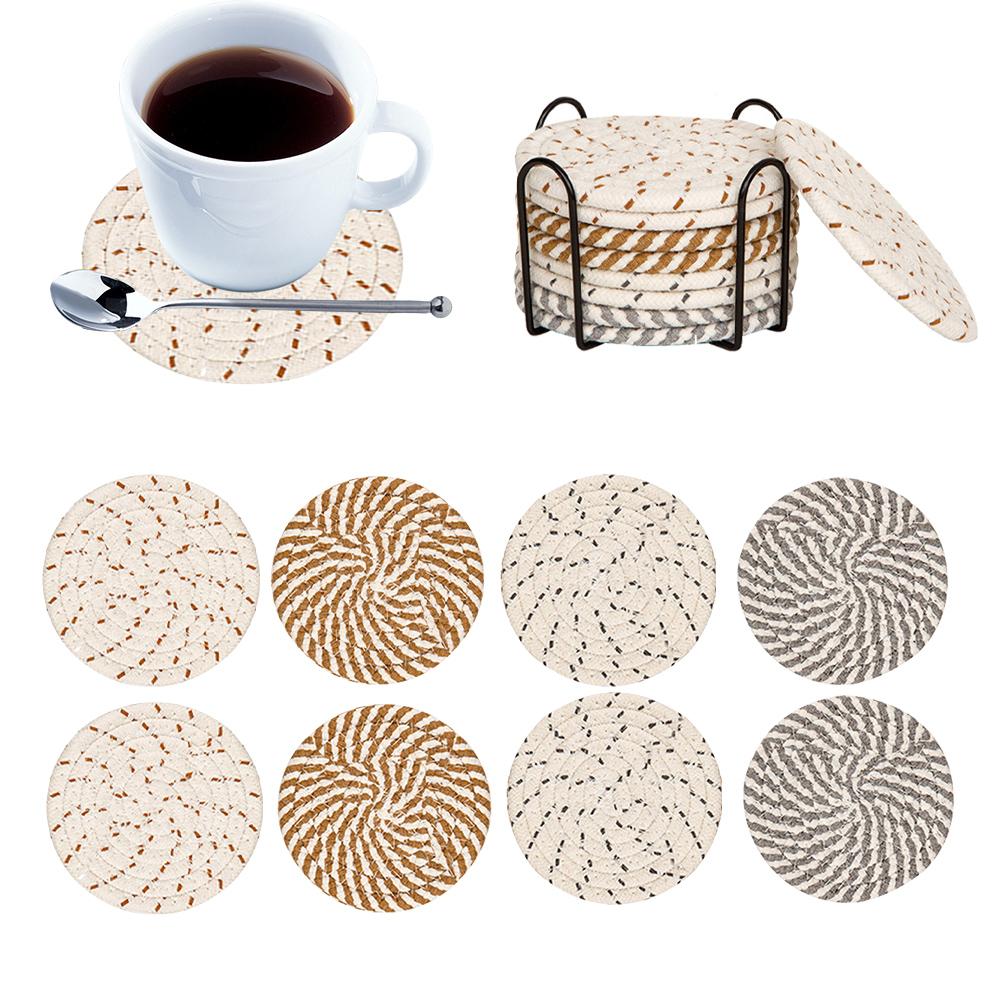 8 Pcs Drink Coasters with Rack Woven Coasters Minimalist Cup Coasters Round Woven Mats for Dining Table Centerpiece Decor