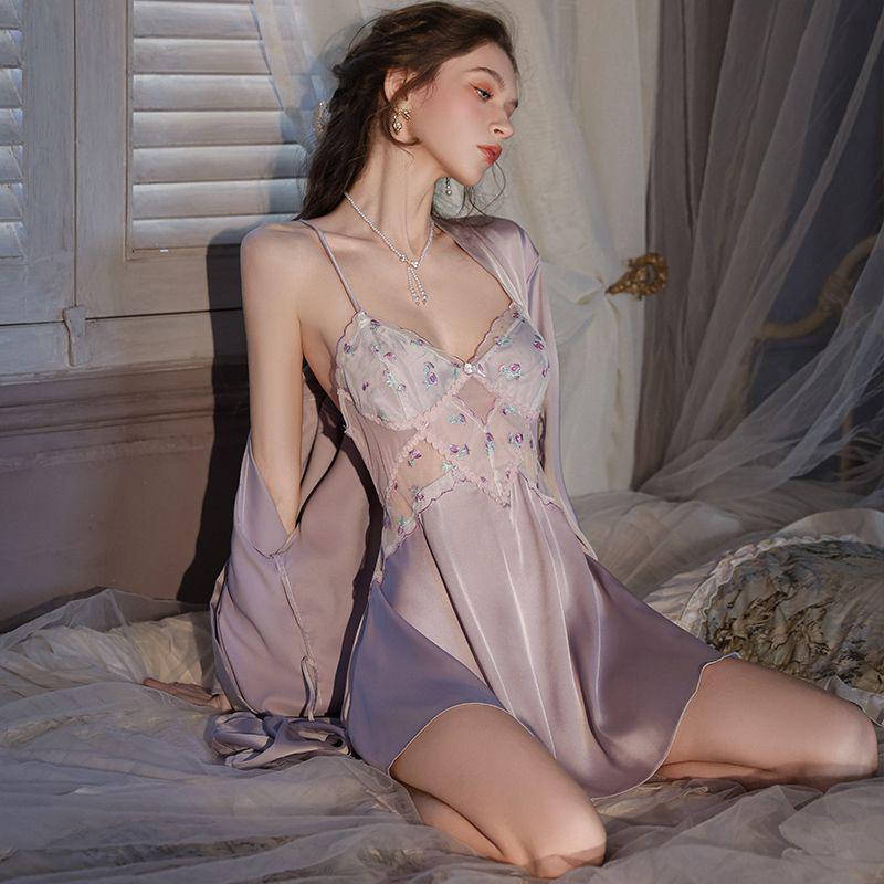 Damen Ice Silk Spitzen-Camisole & Morgenmantel Set – Sexy Zweiteiliger Pyjama