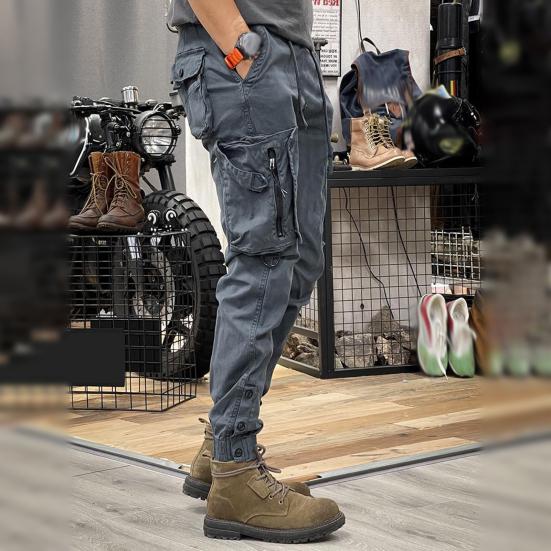 Spring Fall Men Cargo Pants Drawstring Waist Multi Pockets Ankle-banded Solid Color Sport Trousers Daily Wear Outdoor Training Exercise Trousers