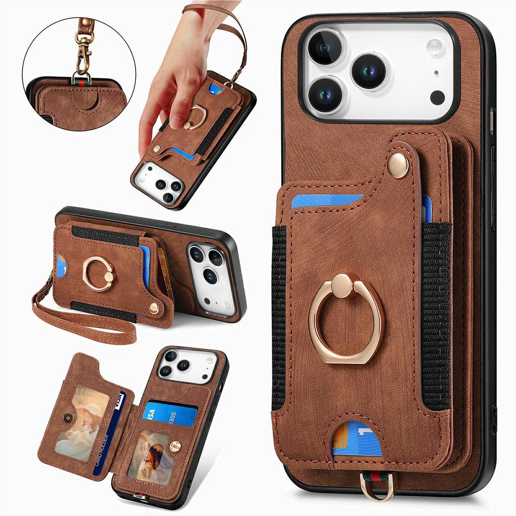 For iPhone 17 Pro Retro PU Leather Case Phone Cover with RFID Blocking Card Holder   /   Ring Holder