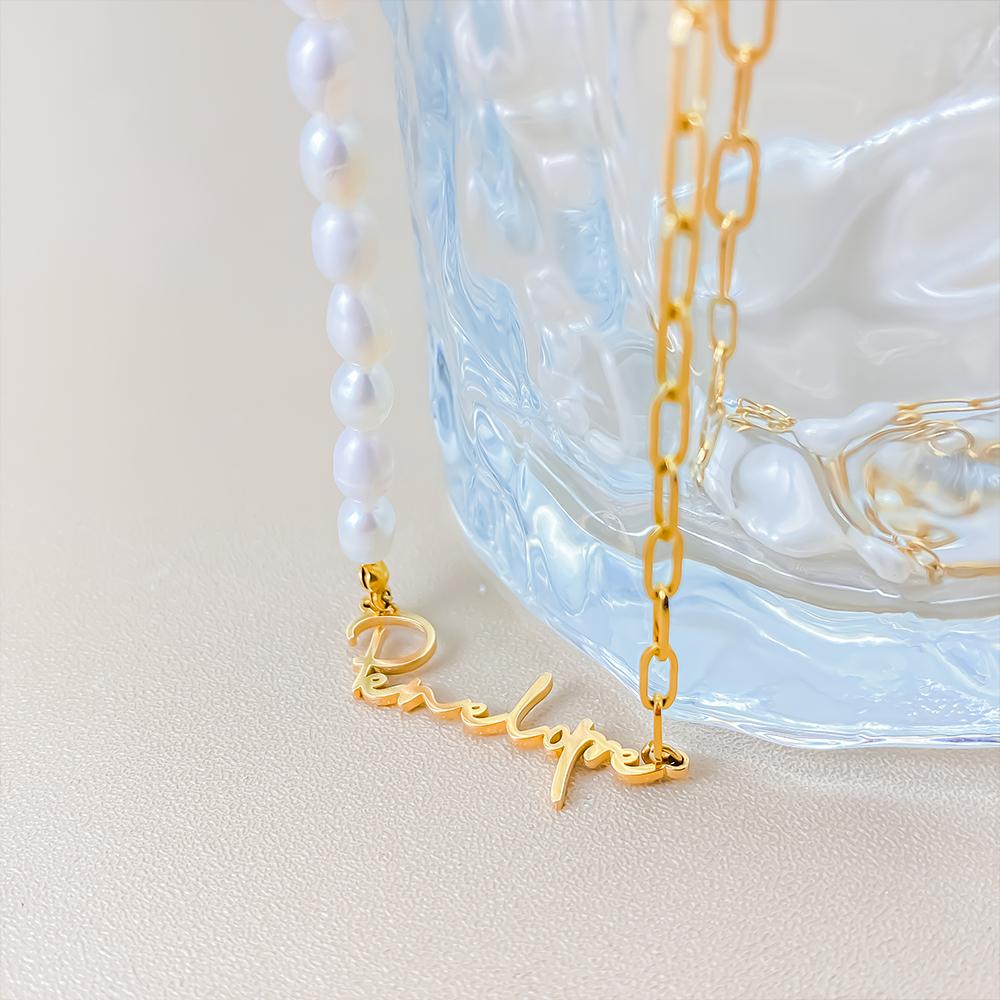 EMANCO Stainless Steel Paperclip Chain, Beads Customized Name Pendant Ladies Freshwater Pearl Necklace Wholesale