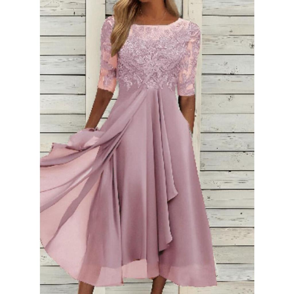 Women's Chiffon Patchwork Lace Hollow Out Long Dress Bridesmaid Evening Party Gown European Style Crossbody Dress for Formal Occasion