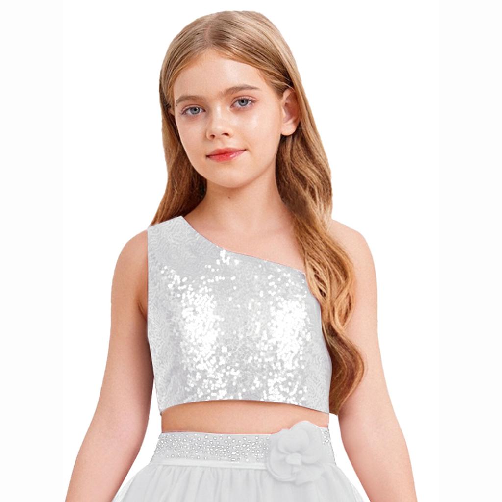 Mädchen Unifarben Spaghettiträger Ärmellos Schulterfrei Glitzernd Pailletten Oberteile Bankett Hochzeit Feier Oberteil