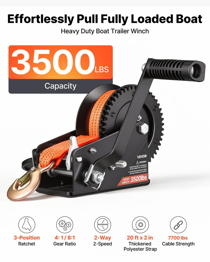 VEVOR Boat Winch, 1588 kg Hand Winch, Heavy Duty Manual Rope Crank with 6.1m Orange Polyester Strap, Portable Two-Way Ratchet, 2 Speed Switchable