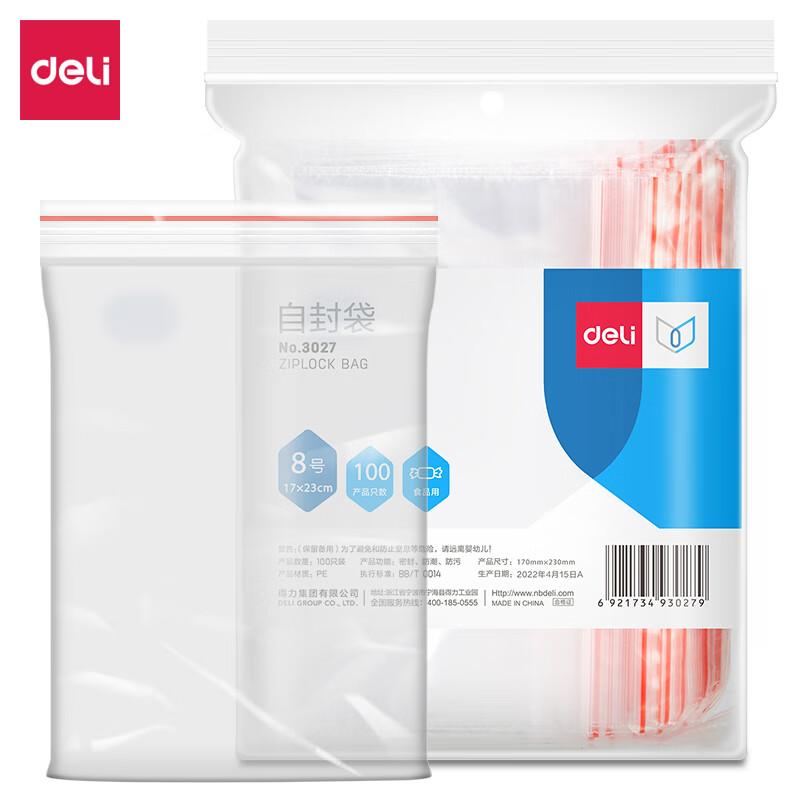Deli Transparent PE Reclosable Storage Bags, 100-Pack