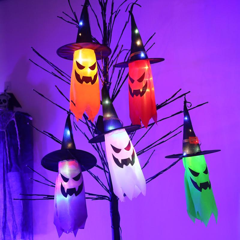 Halloween Ghost LED Hat Pendant Dangling Wizard Light Decora for Home Outdoor Railing Flying Ghosts Window Wall Scary Ornament
