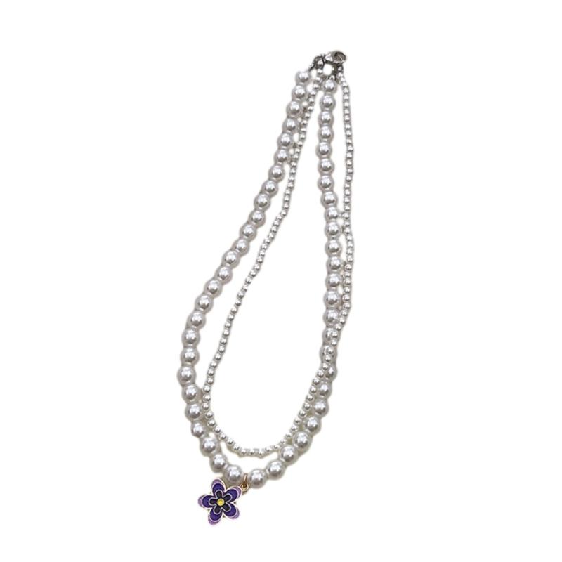Y2K Style Double Layered-Pearl Clavicle Chain Flower Pendant Choker Necklace Fashion Jewelry Gift Dainty Beaded Necklace