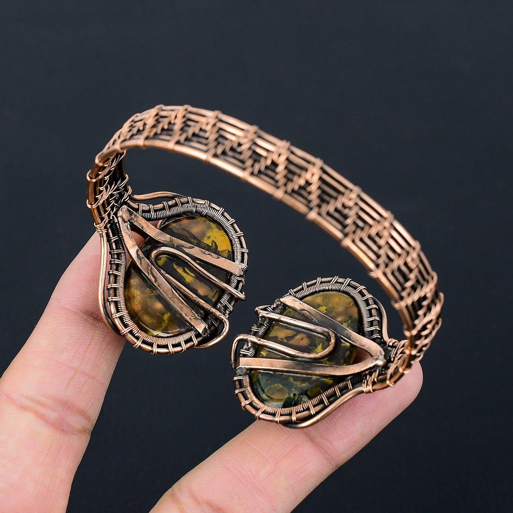 Bamboo Jasper Gemstone Pure Copper Wire Wrapped Handmade Cuff/ Bangle Adjustable Jewelry For Her