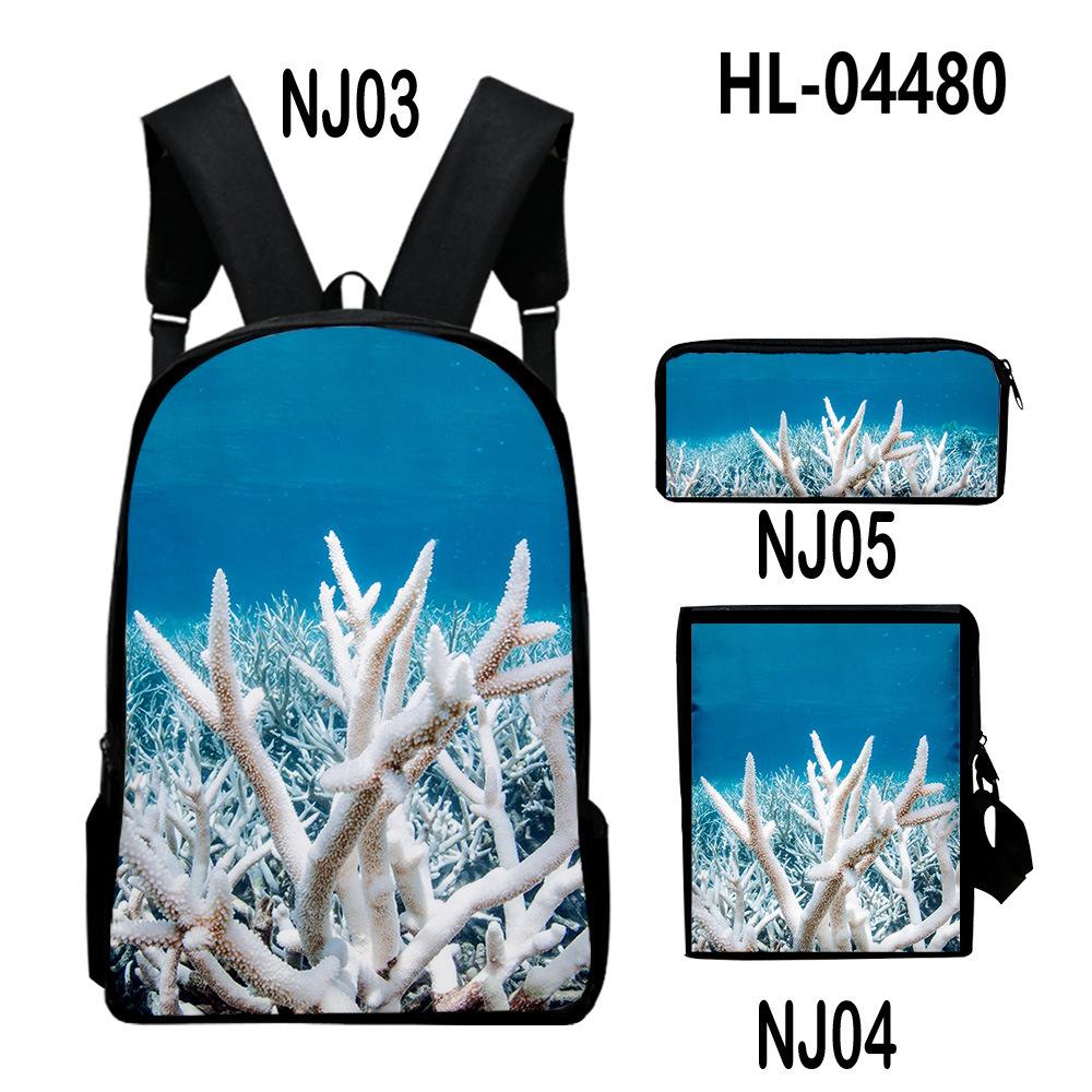 Paysage sous-marin classique Corail Impression 3D 3 pièces/Ensemble Sacs d'école pour élèves Sac à dos pour ordinateur portable Sac à dos Sac à bandoulière incliné Trousse à crayons