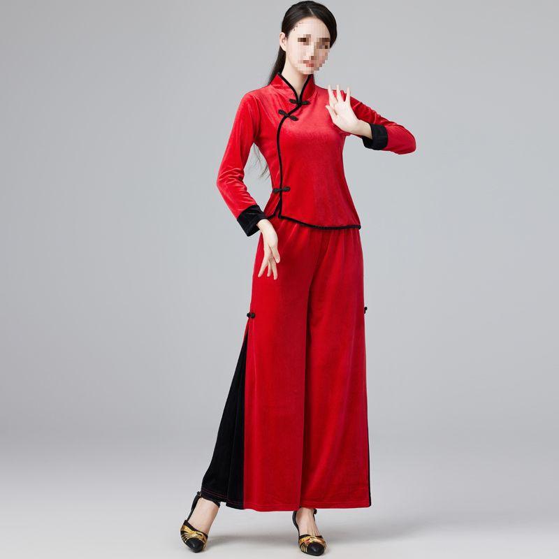 Gold Velvet Team Dance Set: Autumn/Winter Thick Long Sleeve Top & Pants