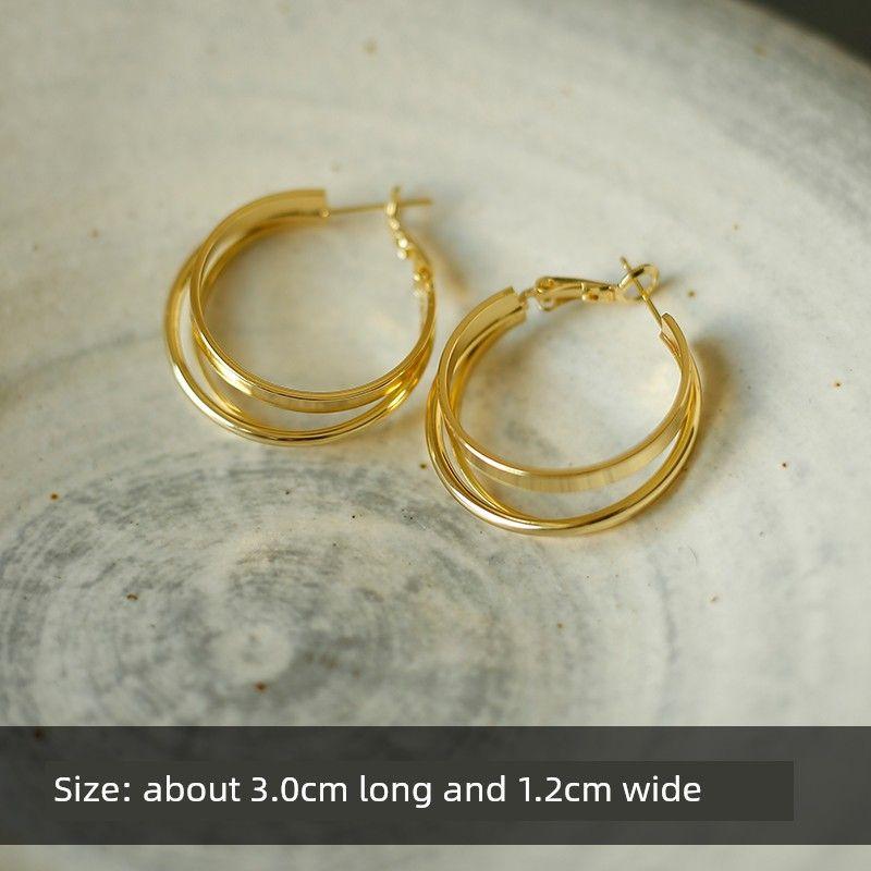 French Style Retro Metal Rotatable Circle Ear Clips Non-Pierced Female Fashion Fancy Elegant Mosquito Coil Earrings Gold Multi-Layered Circle-Earrings