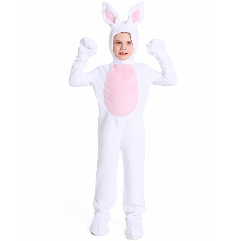 Kids Boys Girls Velvet Rabbit Animal Hooded Jumpsuit Halloween Cosplay Costumes School Stage Drama Show Performance Role Play Outfits