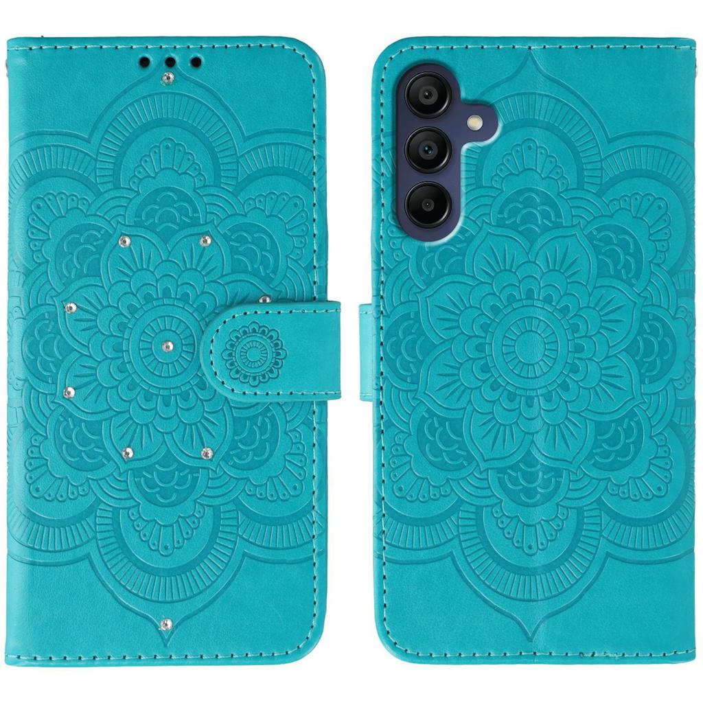 For Samsung Galaxy A35 5G Case Rhinestone Decor PU Leather Mandala Imprinted Design Phone Cover with Wrist Strap