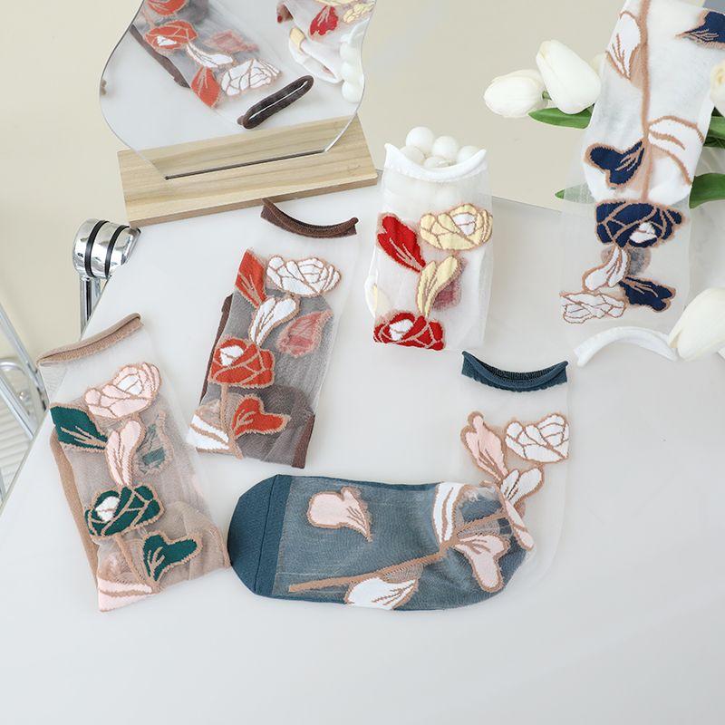 1/3/5/10 Paar durchsichtige, transparente lange Nylonsocken für Damen, Sommer, ultradünn, atmungsaktiv, Kristallseidensocken, Stickerei, Blumenmuster, süße Spitzensocken