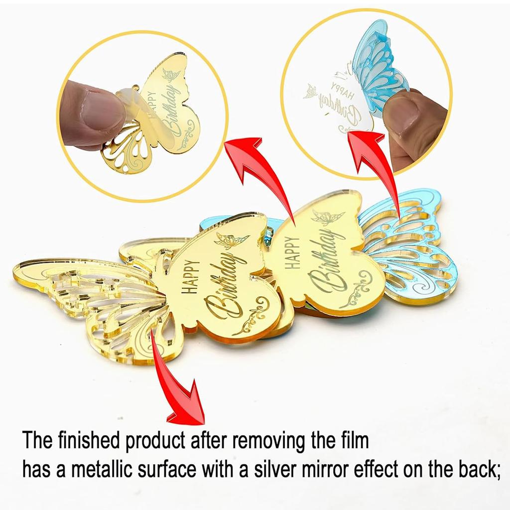 12 Pieces Acrylic Happy Birthday Butterfly Cupcake Toppers for Party, Engraved Mirror Acrylic Cake Disc for DIY Cupcake Decor
