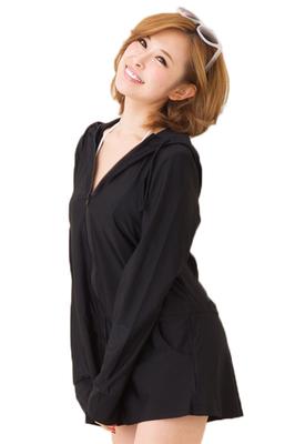 Sweet Passion Women's Rash Guard with Zipper Pockets, Long Sleeves, Thumbholes, UPF 50+, and Inner Shorts Set (A909) (Black/Long Length, Size 15 XXL)